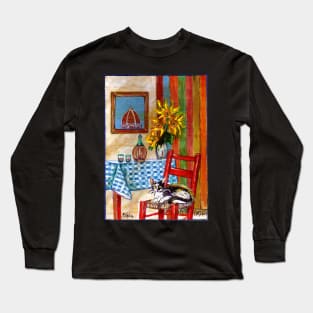 RUSTIC ITALIAN KITCHEN IN FLORENCE Cat,Sunflowers and Wine Long Sleeve T-Shirt